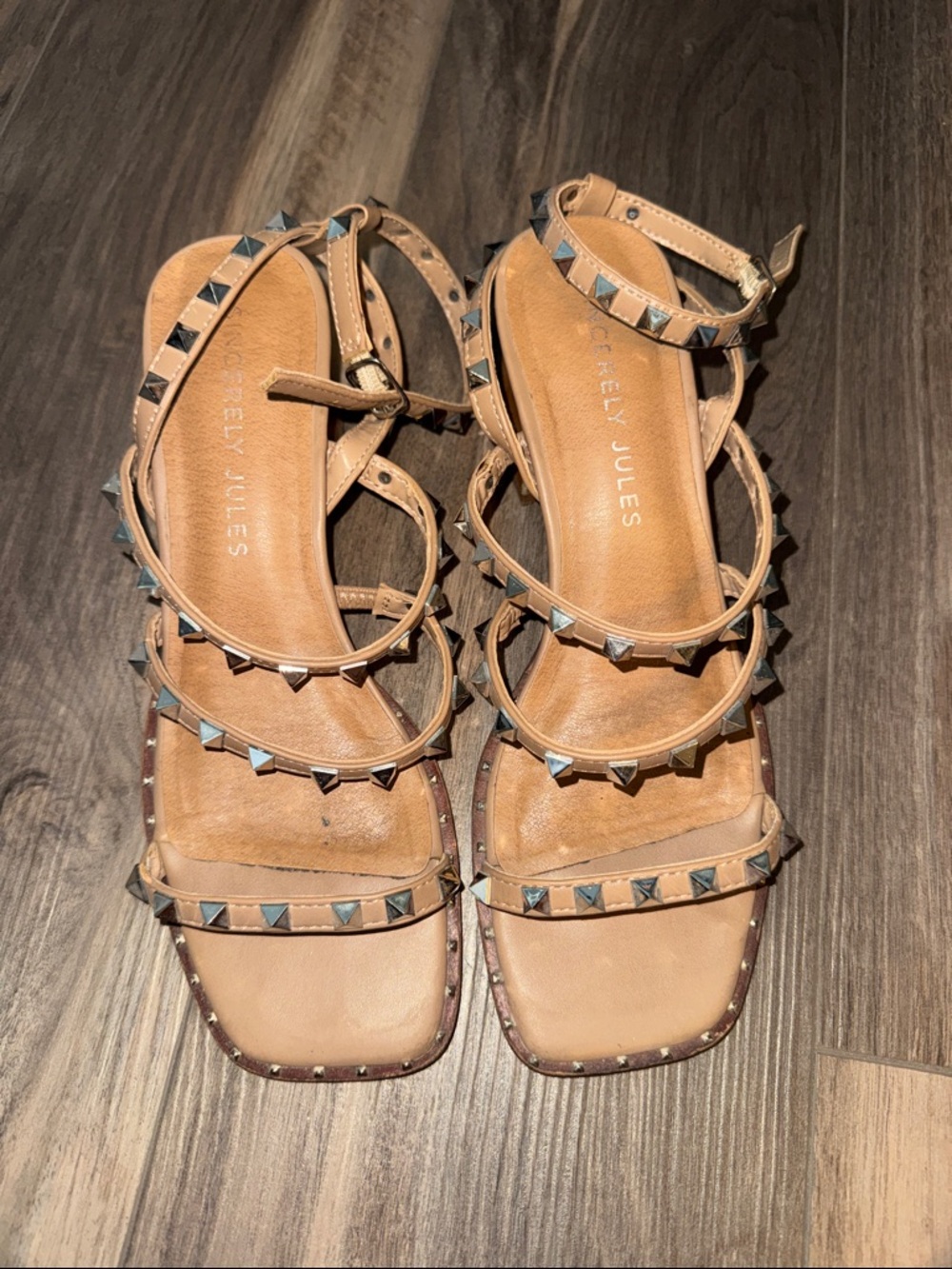 Sincerely Jules Tan Pyramid Stud Strappy Sandals